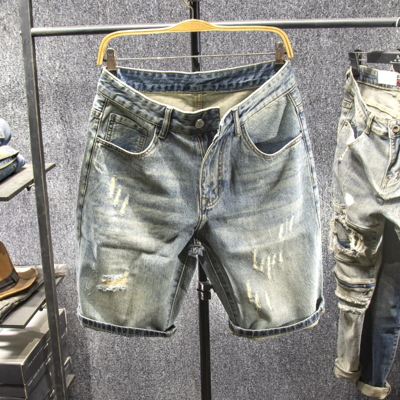 2025美式休闲痞帅复古做旧刮烂牛仔短裤男直筒宽松高街百搭五分裤