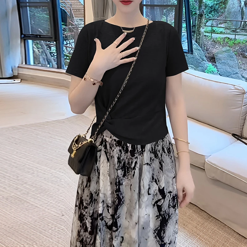 新中式气质国风小众套装女夏季短袖衬衫水墨半身裙子设计感两件套