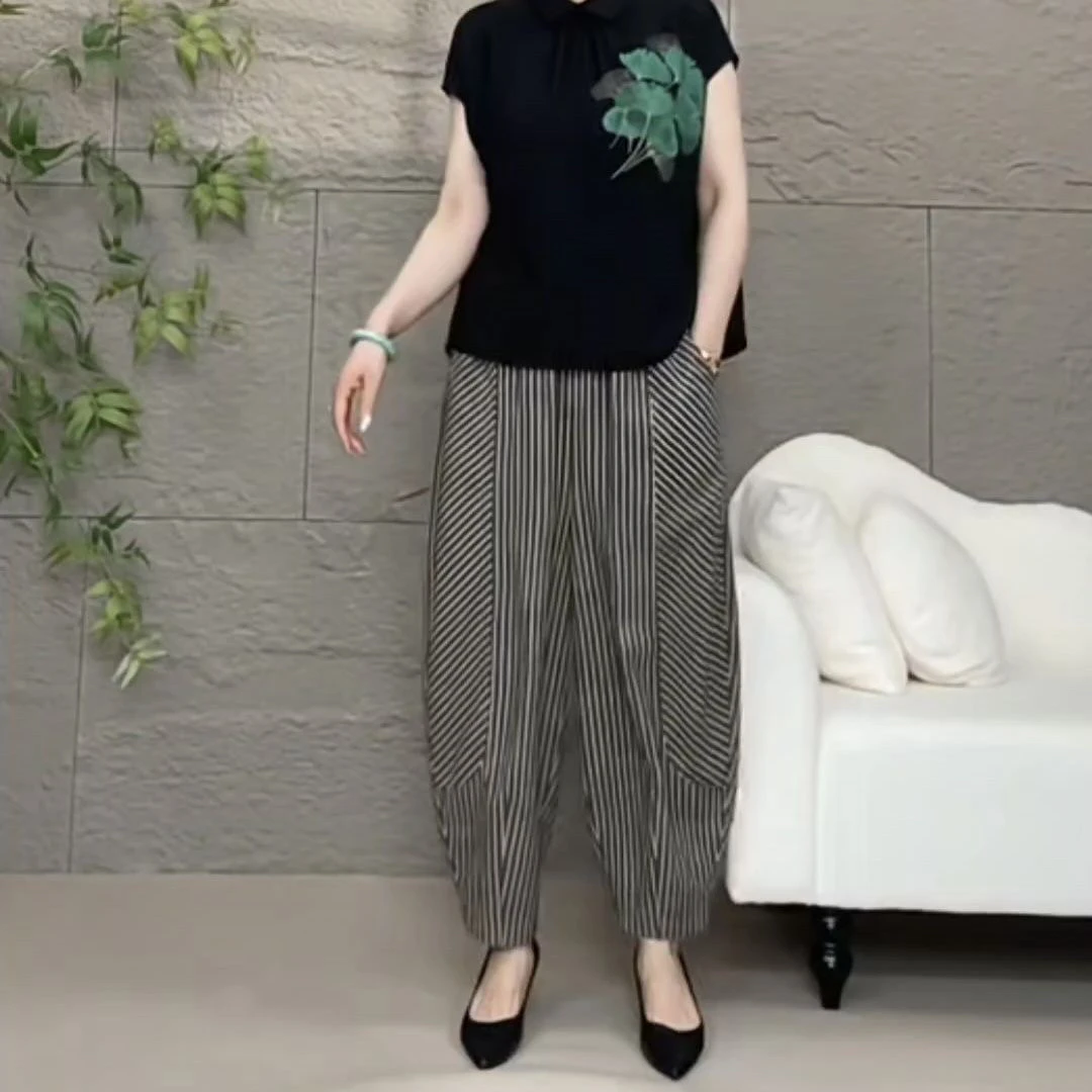 E2-夏季时尚休闲条纹松紧腰阔腿哈伦裤