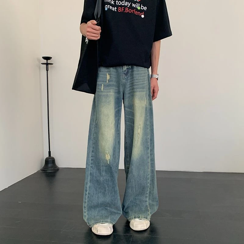 2025秋冬新款破洞直筒牛仔裤男生潮流美式复古高街痞帅宽松阔腿裤