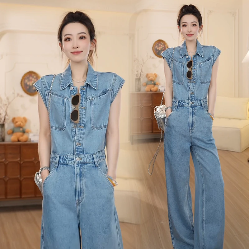 韩版潮流时尚牛仔连体裤女2025年夏季新款小众设计感休闲直筒裤潮