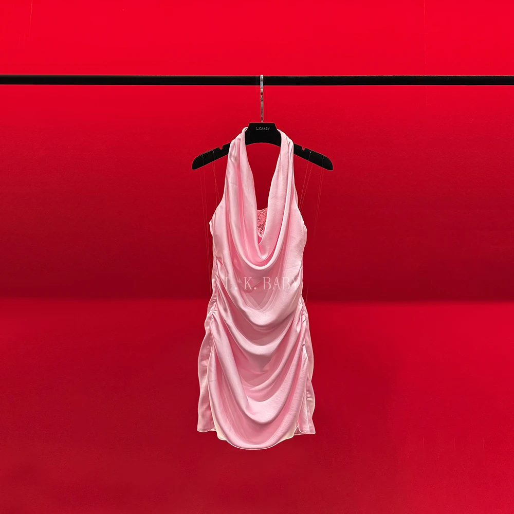 【L.K.BABY】千禧辣妹 纯欲名媛荡领褶皱气质性感挂脖连衣裙3169