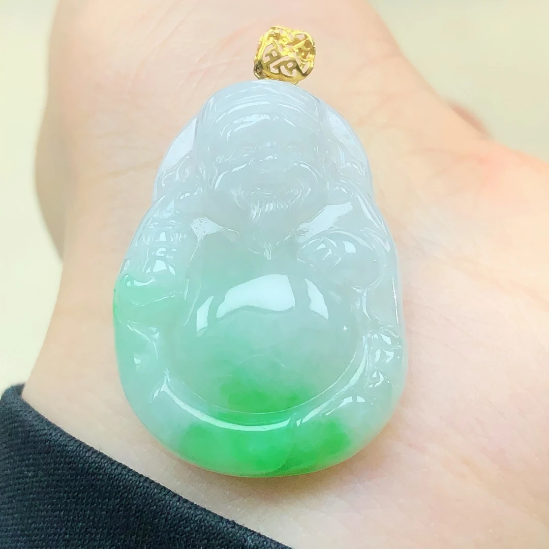18k金镶嵌缅甸天然a货翡翠珠宝玉石白底阳绿财神爷吊坠直播间11