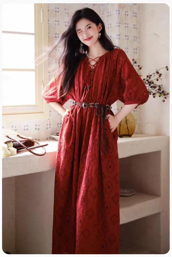 2025年中式时尚风度假风镂空夏季中袖连衣裙长裙新娘春日慢人风裙