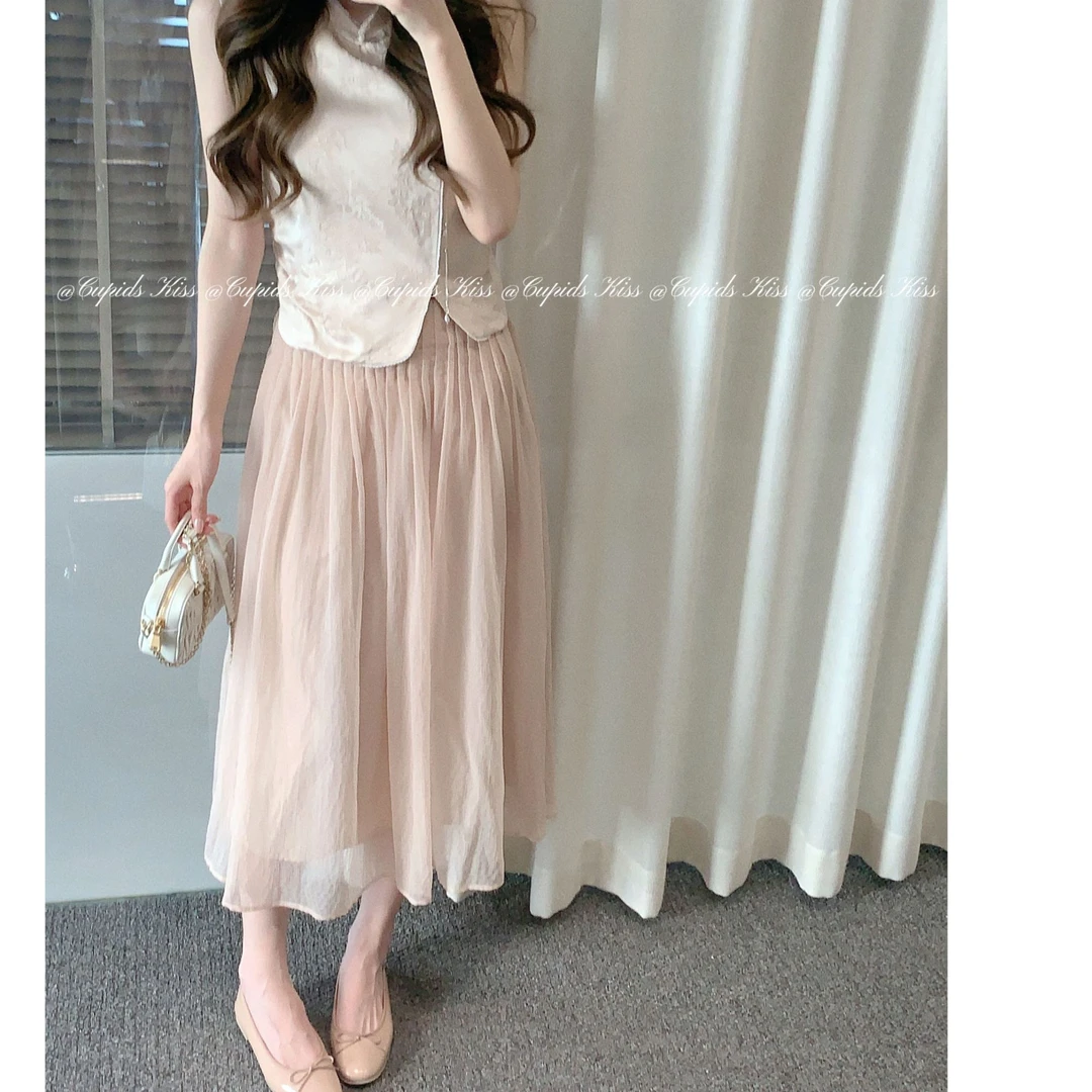 csk丘比特“Sakura樱之恋” 春夏款细褶肌理感显瘦仙女感长裙