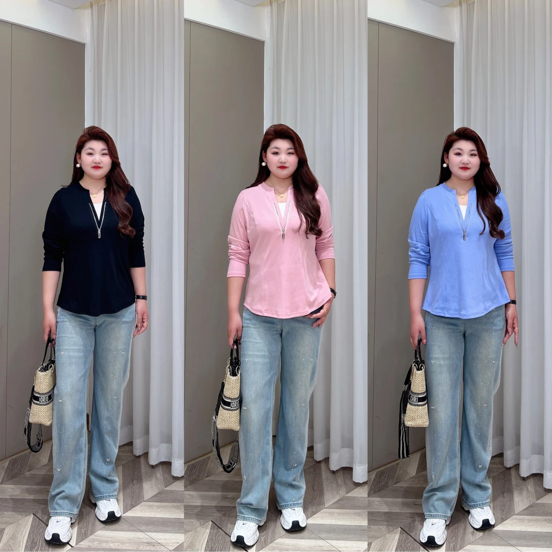 现货仅上衣【悦林大码】PMM81693春季新款V领显瘦假两件套头长袖T恤