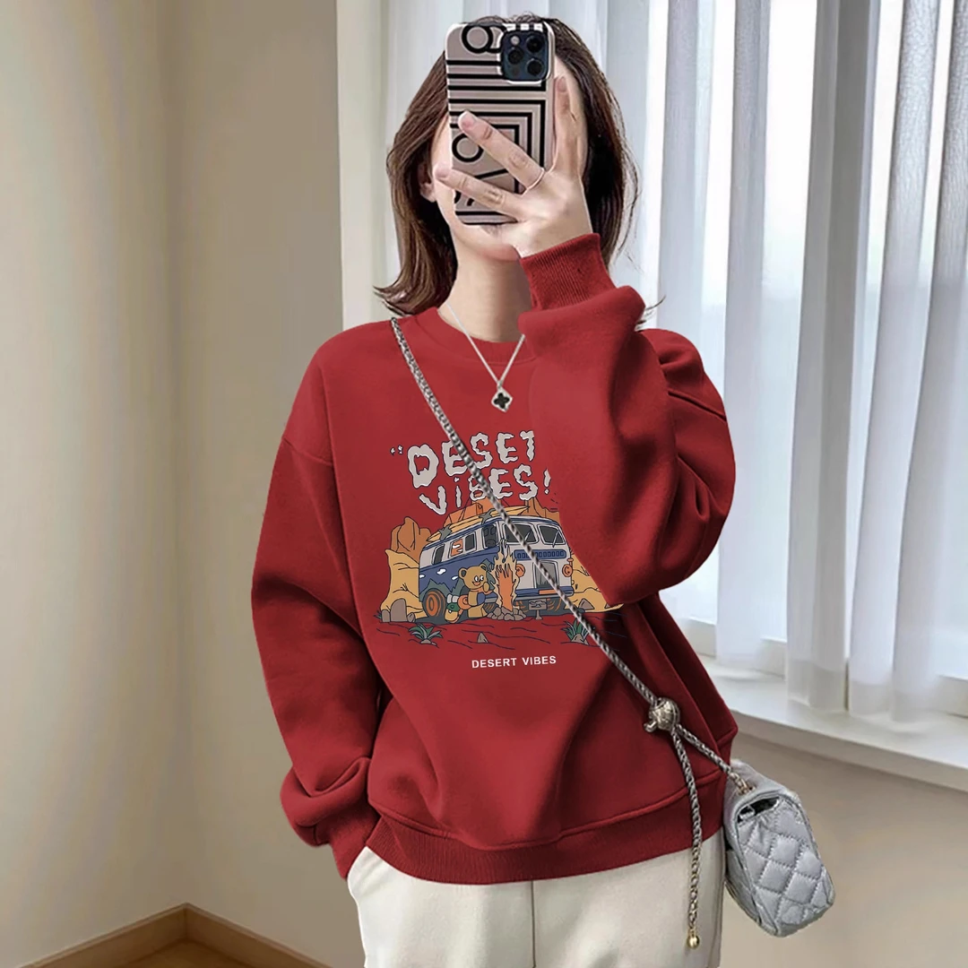 美式枣红色卡通小个子圆领卫衣女2025秋冬新款欧货宽松显瘦上衣潮