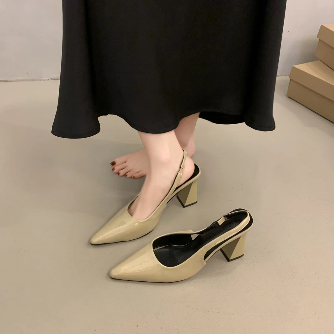 2025新品春夏款法式绿色配裙子尖头高跟鞋女粗跟单鞋后空包头凉鞋