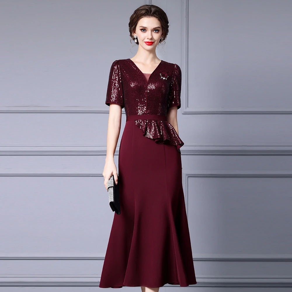 长款连衣裙女夏季2025新款轻奢高级感重工珠片大码修身鱼尾裙