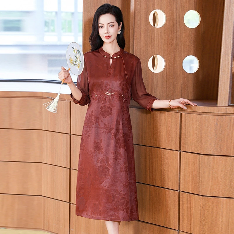 杭州新款红云纱香云纱连衣裙女夏刺绣喜庆国风宽松桑蚕丝真丝长裙