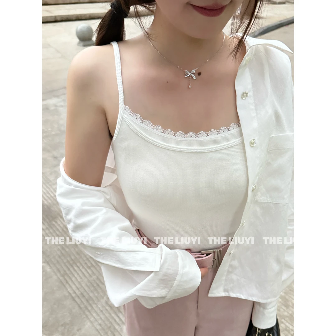 【LIUYI】蕾丝美背~拼接假两件带胸垫花边美背2506