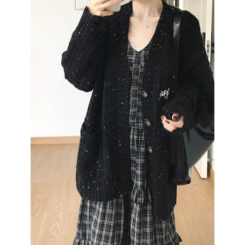 韩版时尚气质黑色亮片长袖针织开衫早秋新款通勤休闲百搭外套上衣
