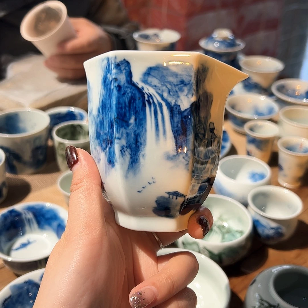 杯嘿*青花手绘山水壶承