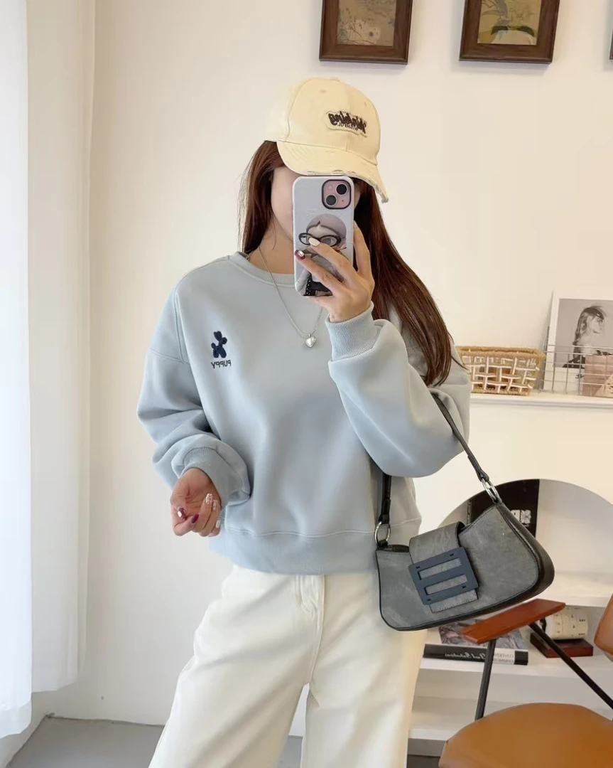 【静姐家】68106圆领时尚休闲百搭宽松女短款加绒卫衣