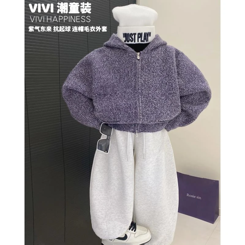 现货VIVI童装1【紫气东来】秋冬亲子中大童抗起球口袋拉链毛衣外套