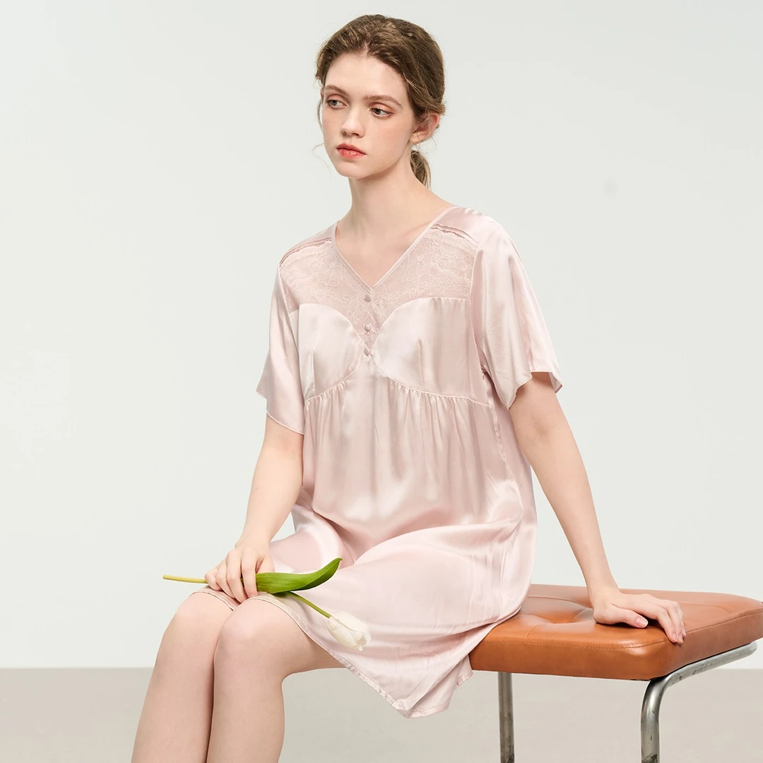 美标夏季甜美蕾丝短袖19姆米真丝睡衣裙021093