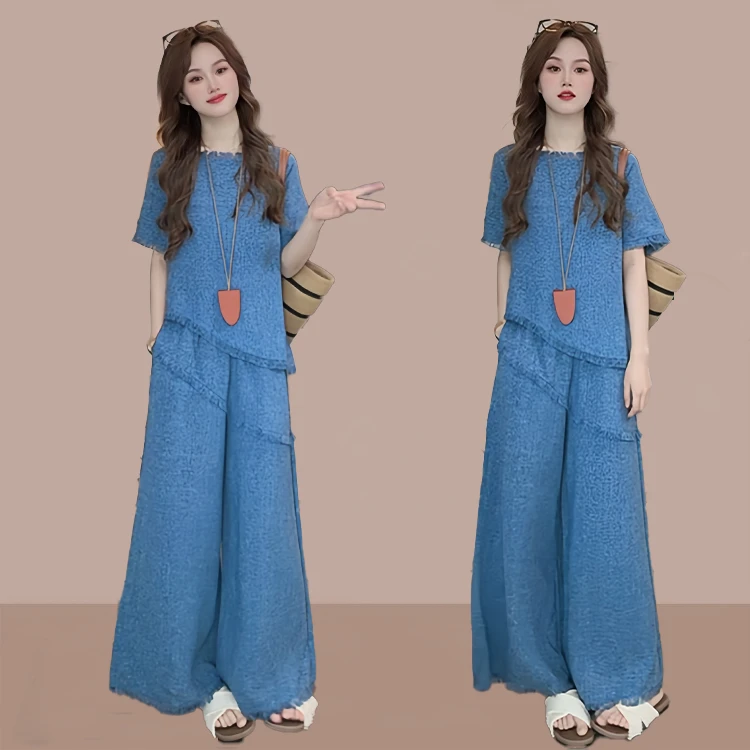 大码mm时尚显瘦套装女2025年夏季新款小个子流苏上衣阔腿裤两件套