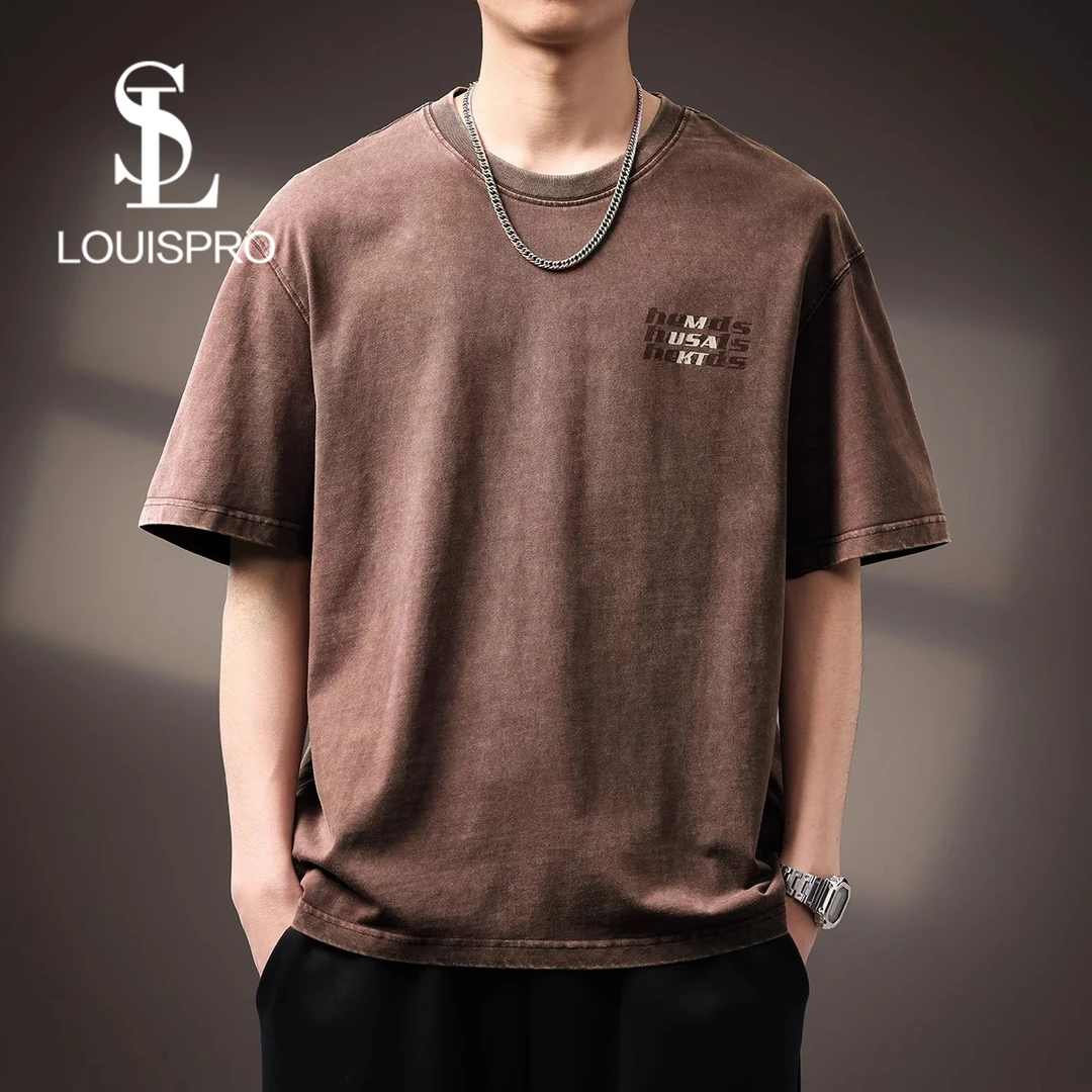 Louispro高端美式复古云染水洗短袖T恤男夏季新款宽松潮牌重磅男