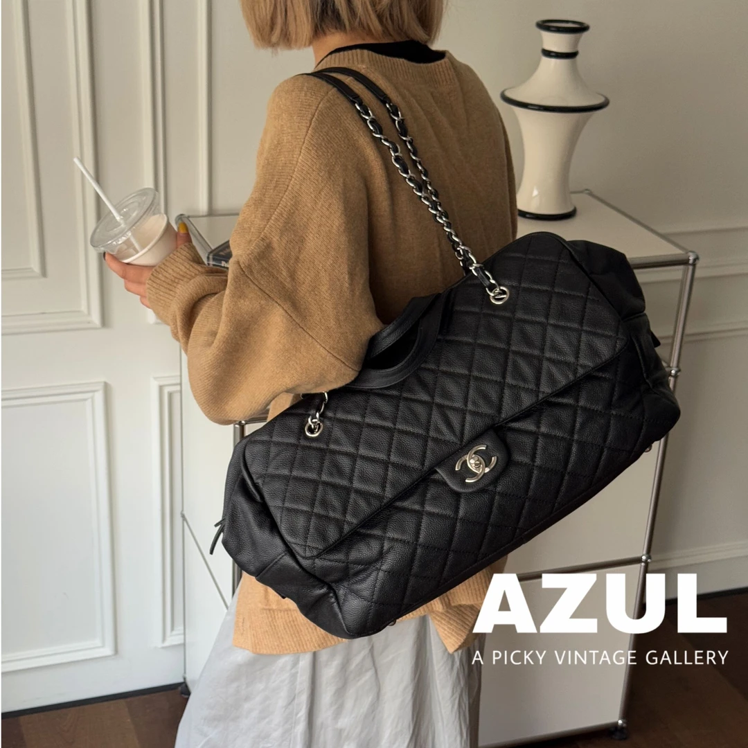 95新 Chanel/香奈儿 黑银荔枝纹牛皮鱼子酱波士顿机场单肩包40813