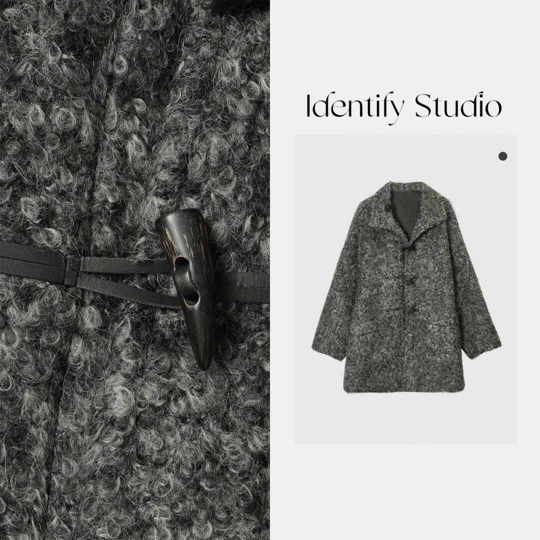 IDENTIFY冬季时尚立领牛角扣马海毛羊毛毛呢大衣外套25AWN111814