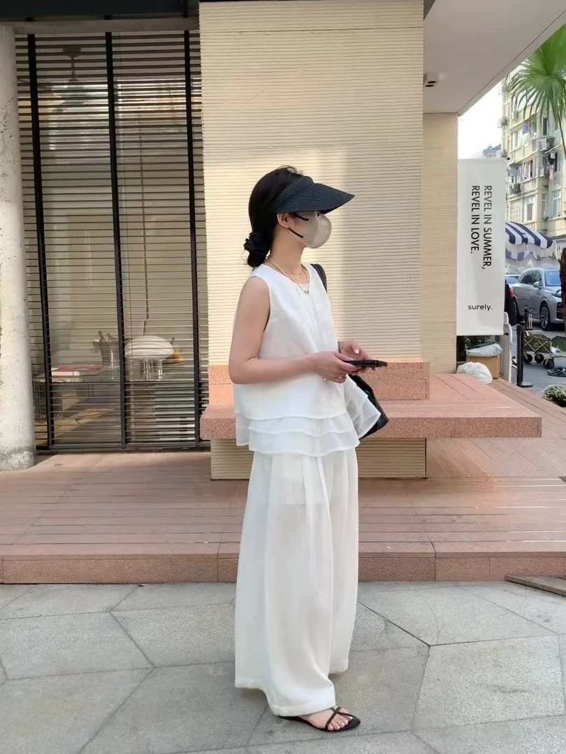 《感先》蓉蓉家2025夏季新款韩系休闲无袖拼接背心阔腿长裤麻料套装