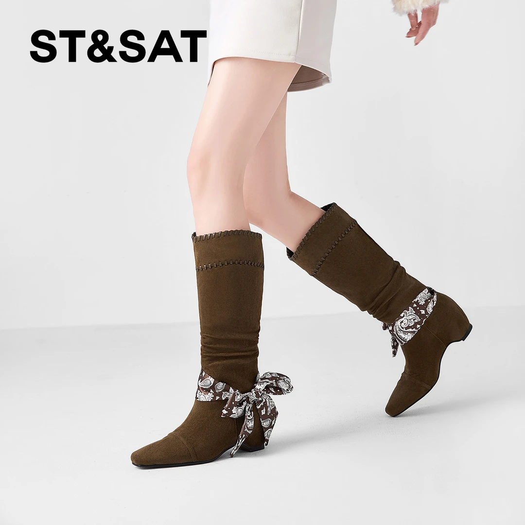 St&Sat/星期六秋冬气质优雅时装靴百搭时尚新款丝巾高筒休闲女靴
