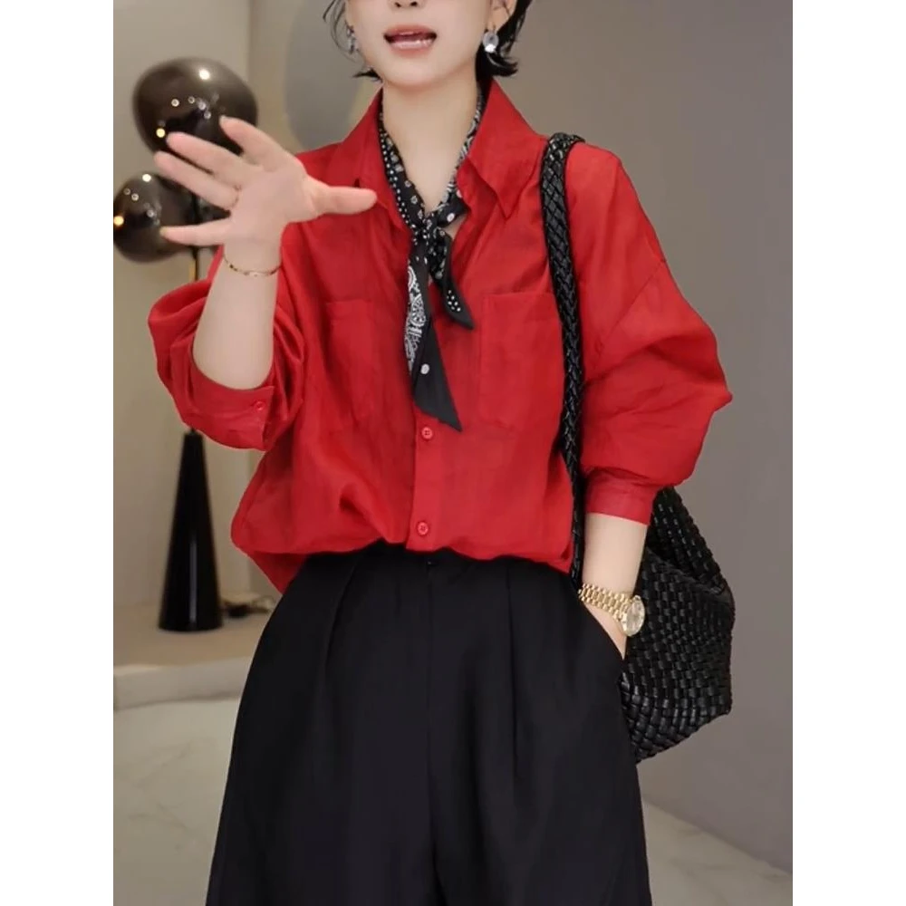 巨推荐，上身绝美！法式红色翻领叠穿衬衫女高级感宽松薄款长袖上衣