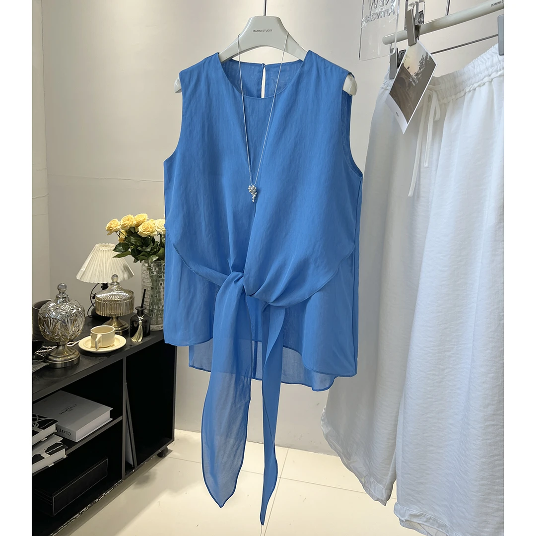 无袖衬衫女2025夏季新款韩系设计感小众显瘦宽松圆领上衣百搭小衫