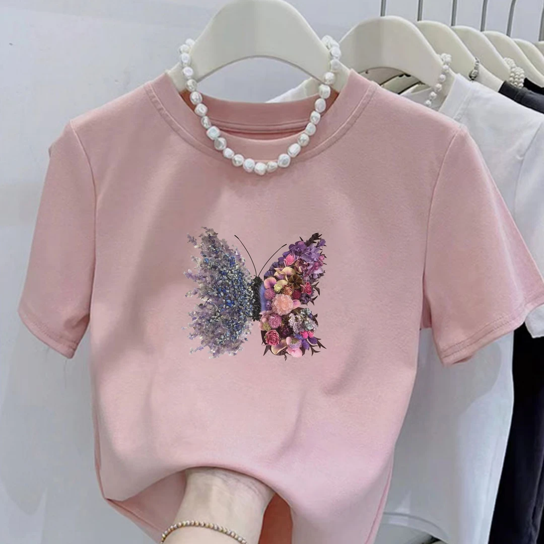 2025新款圆领干花蝴蝶印花纯棉短袖小个子女修身显瘦百搭上衣