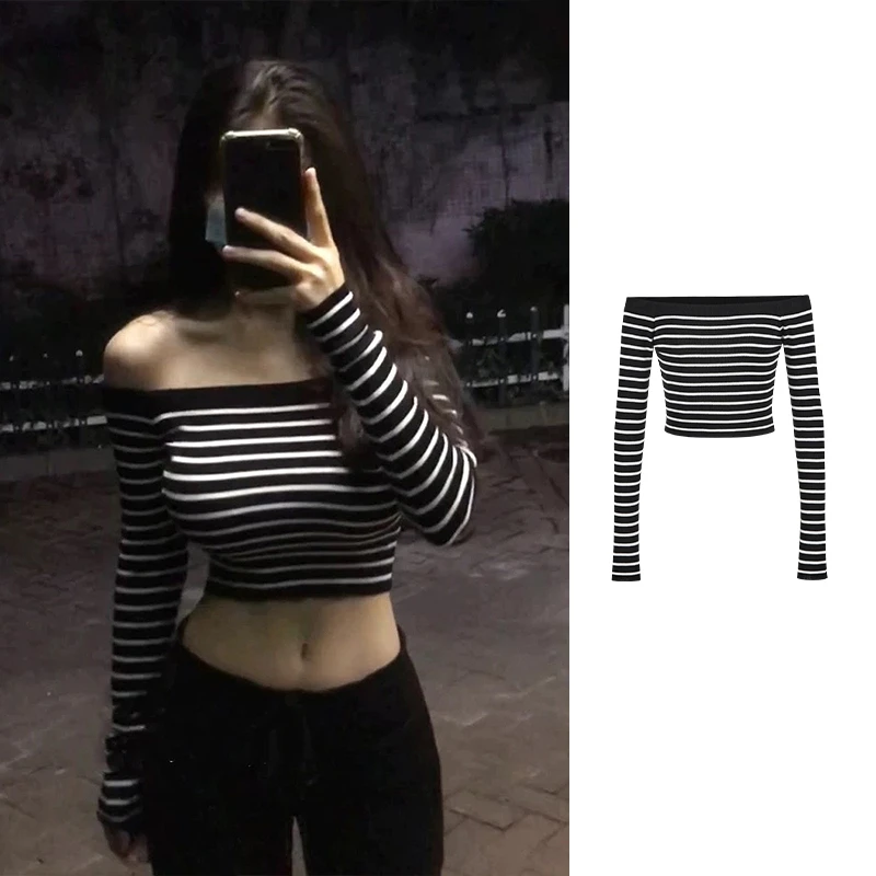 Moses Queen/魔西女王黑白条纹一字肩露脐短款上衣显瘦长袖T恤