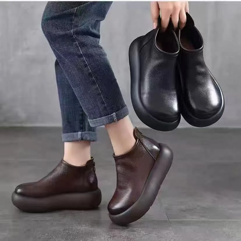 防滑秋冬牛皮女靴厚底百搭高帮短靴休闲女圆头