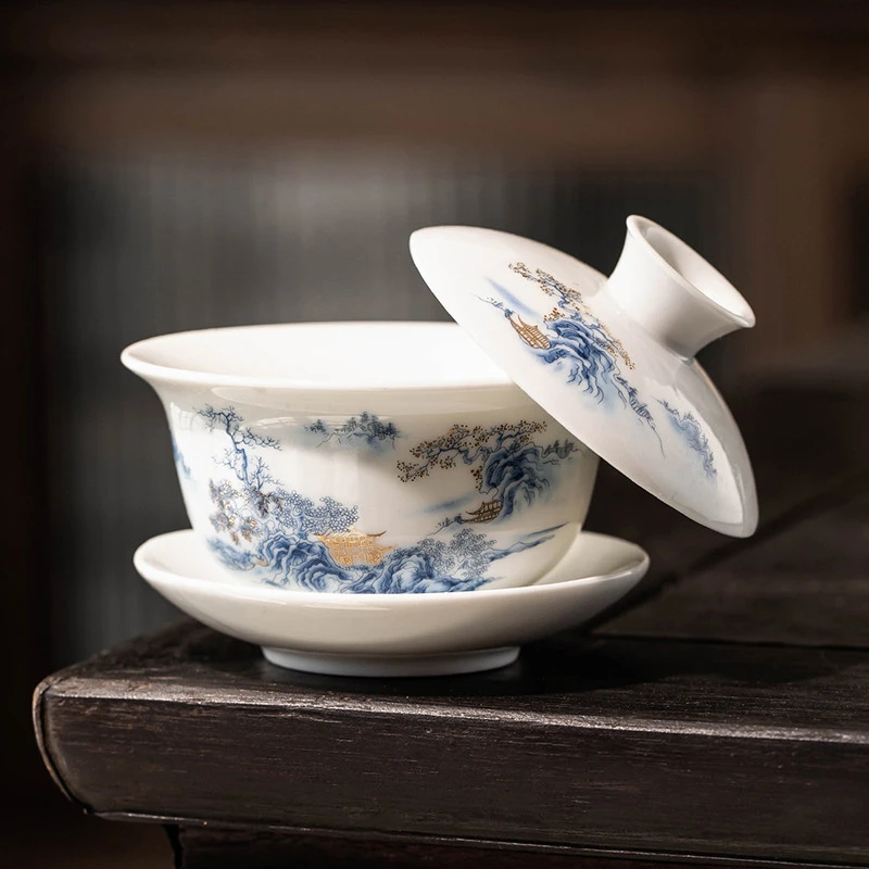 港货甄选羊脂玉白瓷三才悬停盖碗茶杯单个中式家用高档泡茶具防烫