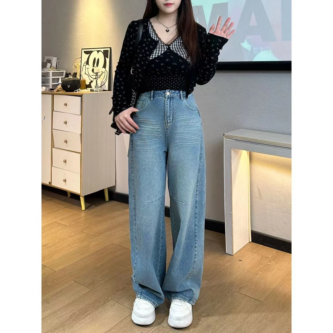 《珠珠定制》2025新款大码复古蓝色直筒牛仔裤女时尚宽松弯刀裤休闲