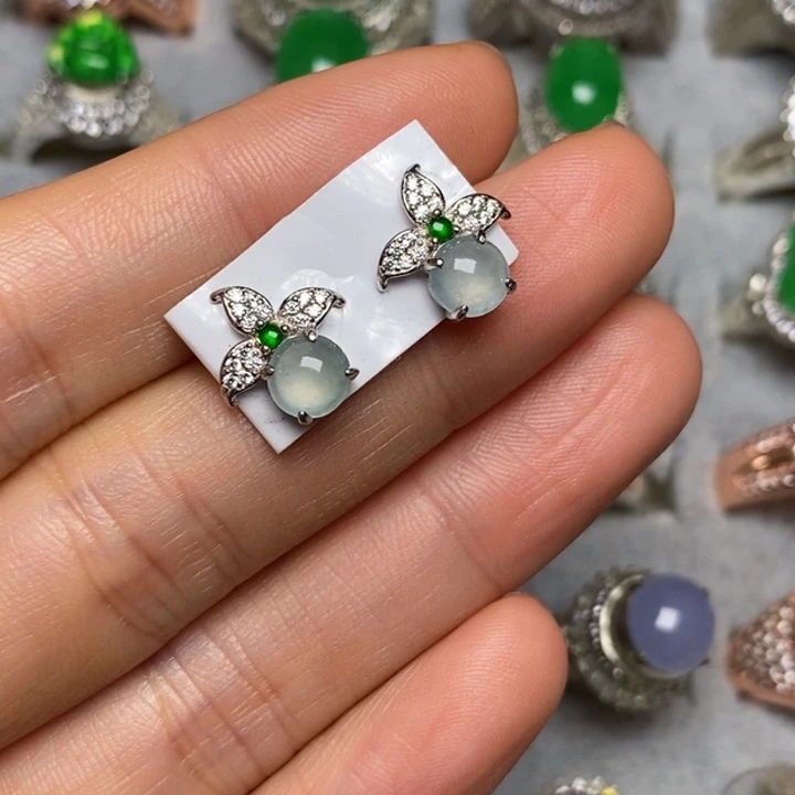 翡翠银S925镶嵌耳饰耳钉