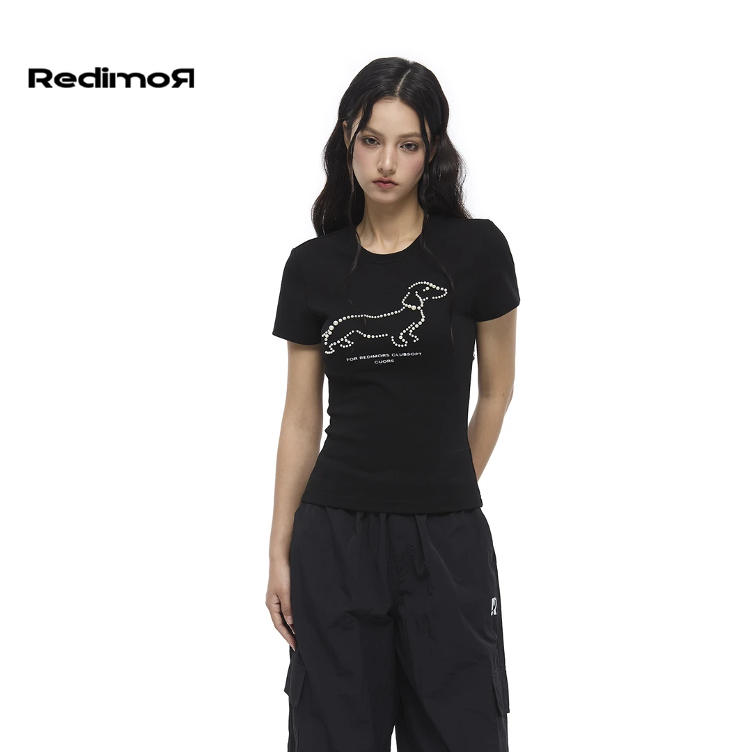 REDIMOR美式复古小狗珍珠卡通图案修身短款T恤252RC1169