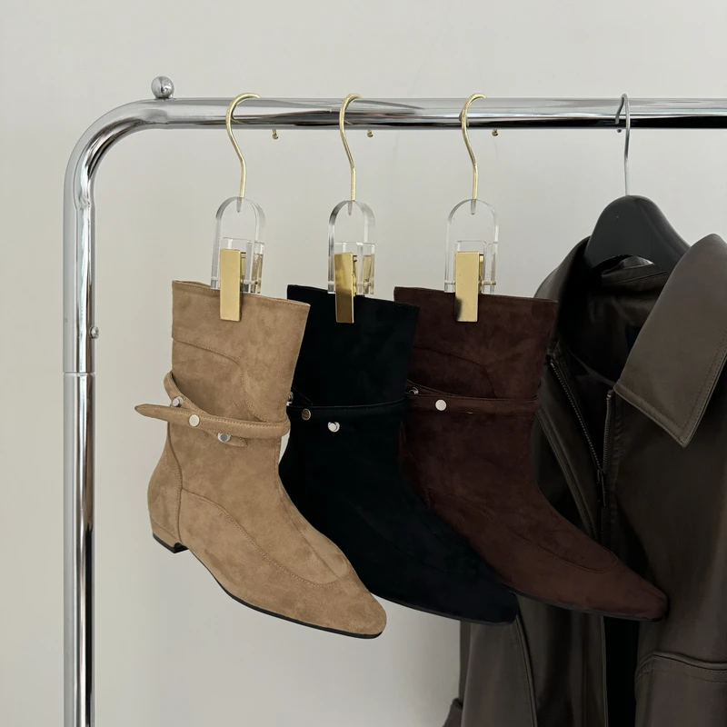 粗跟绒面瘦瘦靴短靴女靴子2025秋冬季咖色美拉德配裙子中筒马丁靴