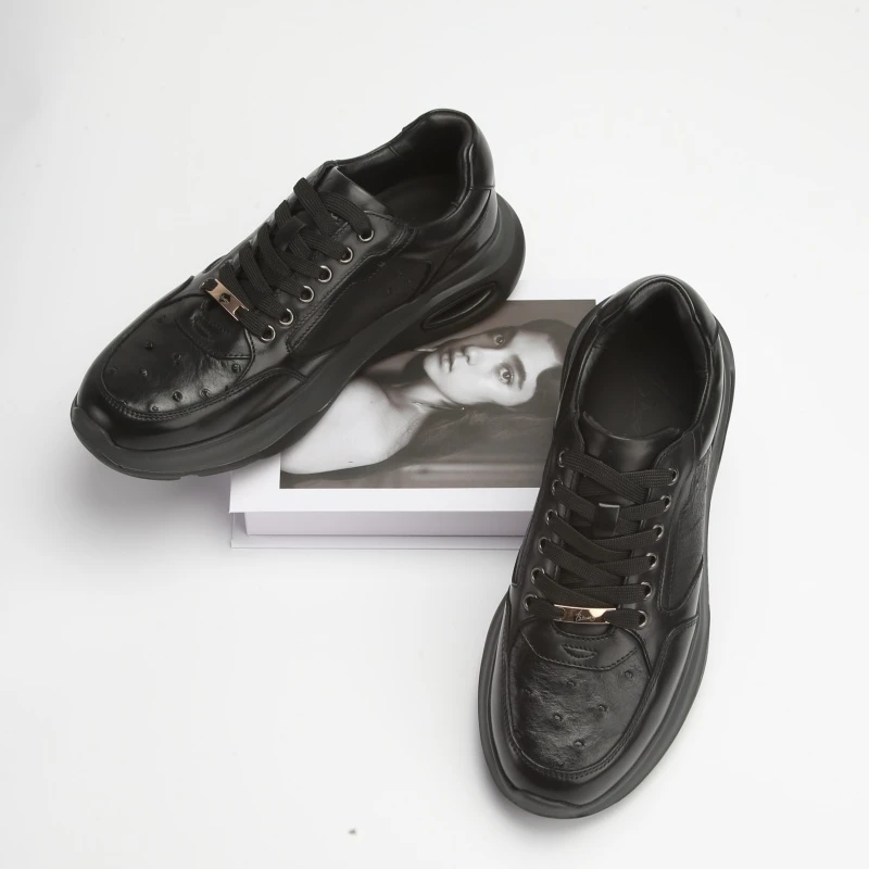 鸵鸟皮牛皮男士运动休闲鞋2024秋冬新款系带舒适真皮男鞋