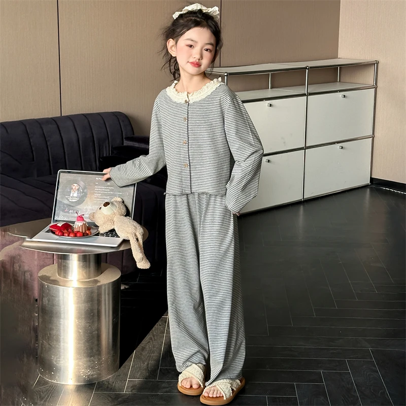 女童睡衣春秋棉2025新款中大儿童长袖家居服夏季薄款小孩洋气套装