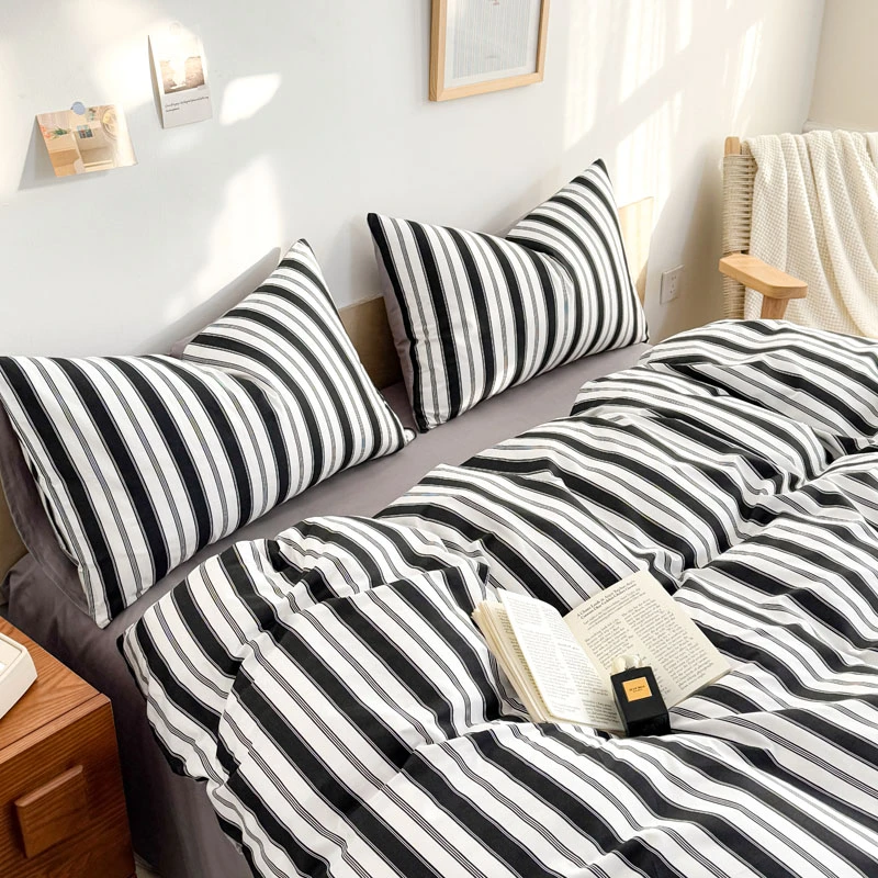 ins简约全棉条纹四件套男生100%斜纹纯棉纯色床单床上三件套