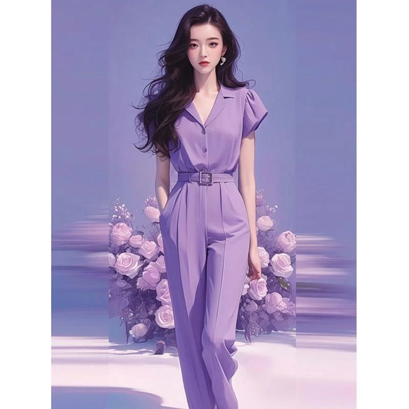 盐系穿搭显瘦减龄时髦高级感干练气质紫色上衣裤子两件套装女夏季