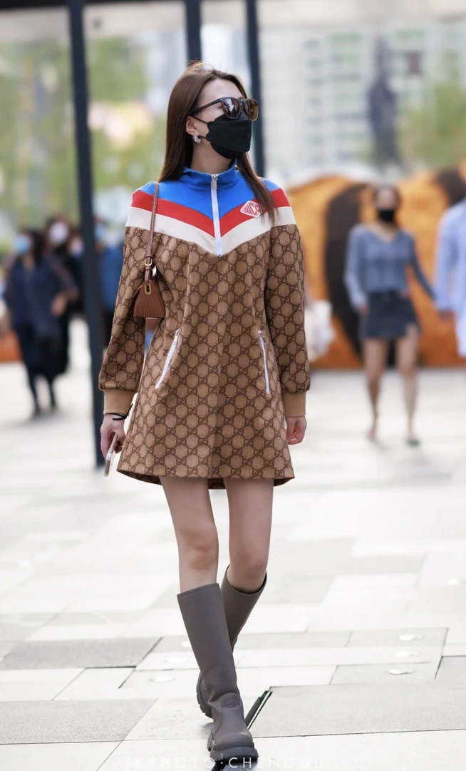 99新 GUCCI/古驰 cc一二五 聚酯纤维棉 老花满印连衣裙 XL码