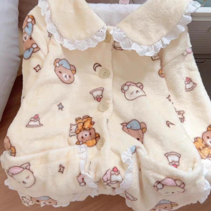 娃娃领轻松熊睡衣女可爱卡通冬季新款法兰绒加绒加厚少女家居服