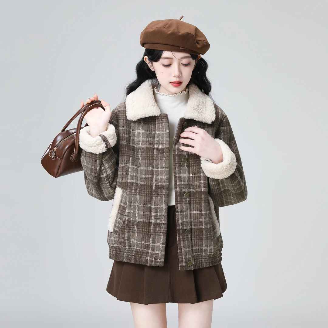 复古格子毛呢外套女冬季2025新款加绒加厚羊羔毛领呢子开衫短上衣