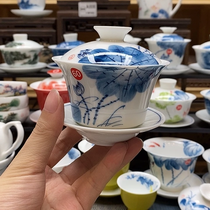 手绘荷花盖碗140cc釉下彩微瑕福利款