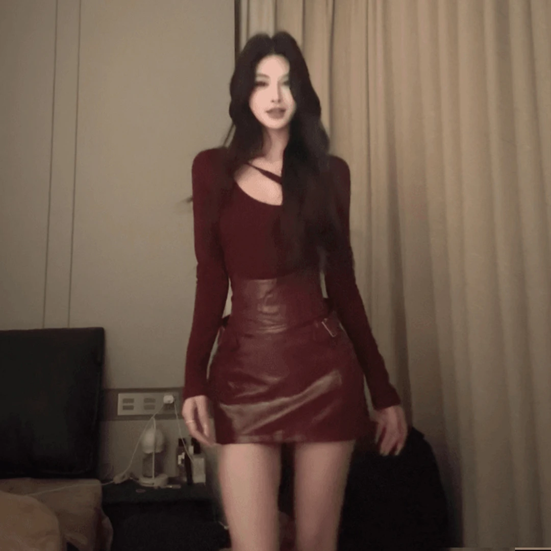 圣诞节性感辣妹套装女秋冬季红色内搭镂空长袖上衣包臀半身皮裙子