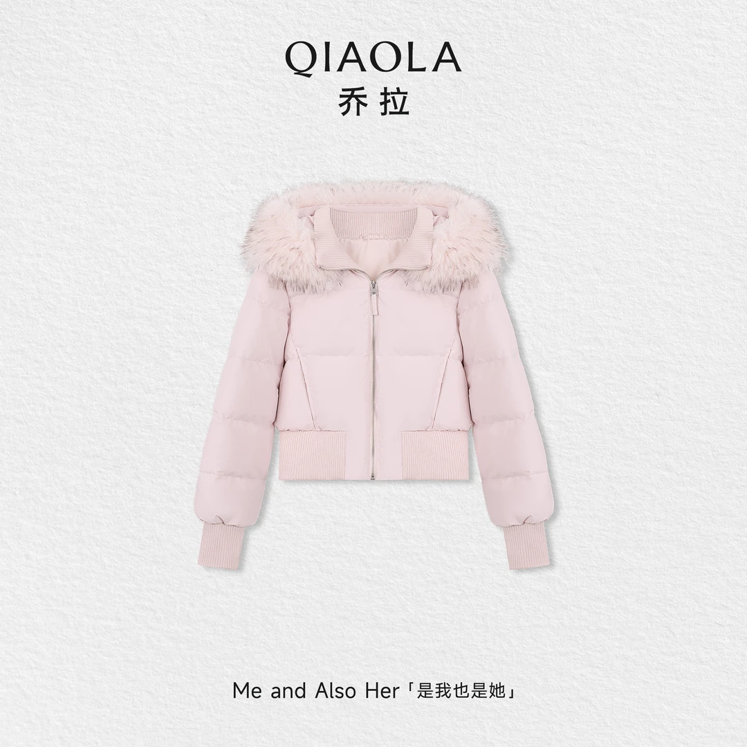 QIAOLA/乔拉【雪国巡游】秋冬季白鸭绒连帽毛毛领保暖短款羽绒外套