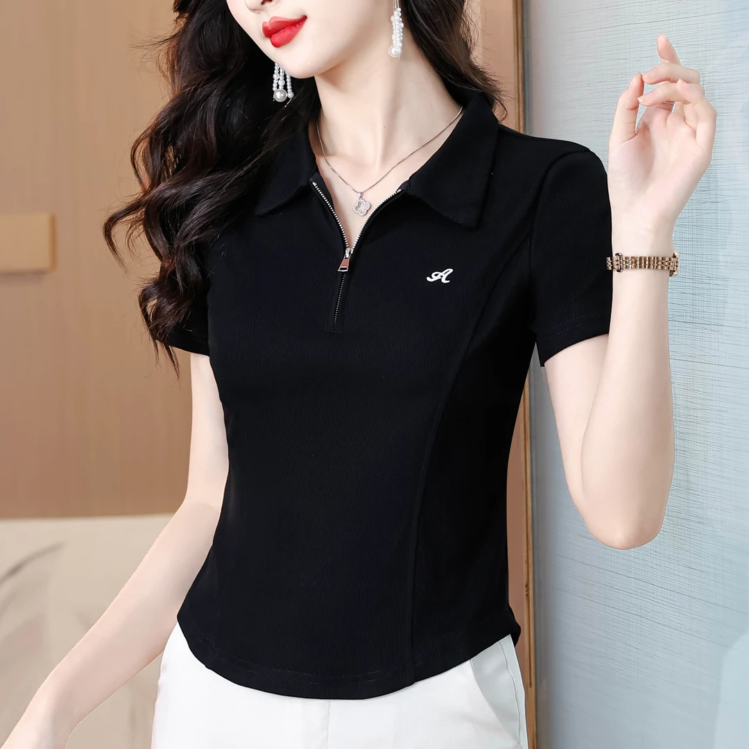 时尚百搭半拉链短袖t恤女薄款夏装宽松遮肚收腰显瘦POLO领T恤上衣