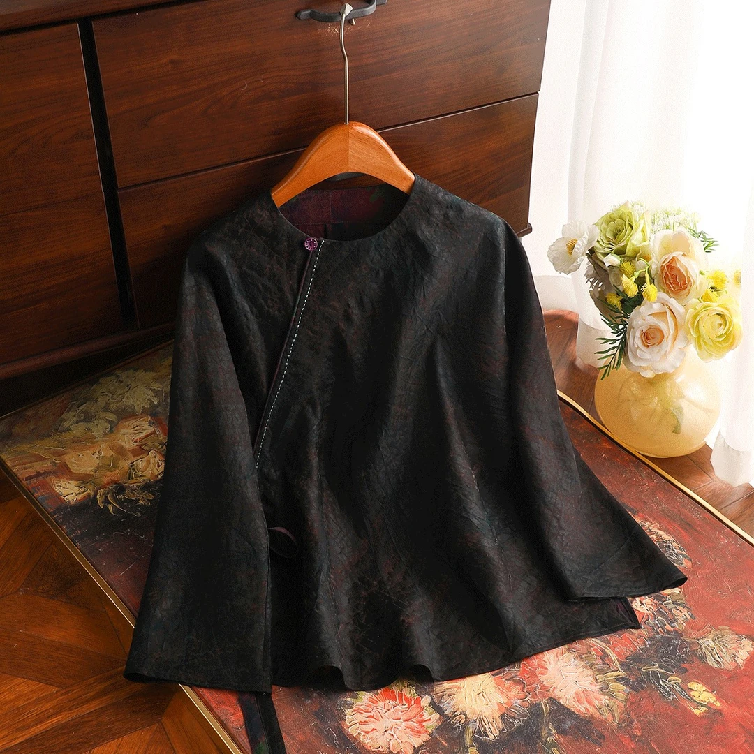 《呼吸之雅》100%桑蚕丝香云纱6A级真丝新中式国风长袖龟裂纹上衣