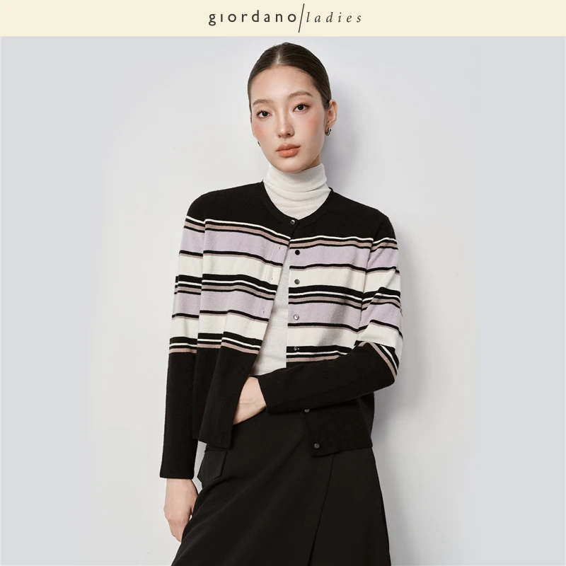 giordano ladies 温柔减龄金属纽扣秋冬厚圆领针织开衫女02355526