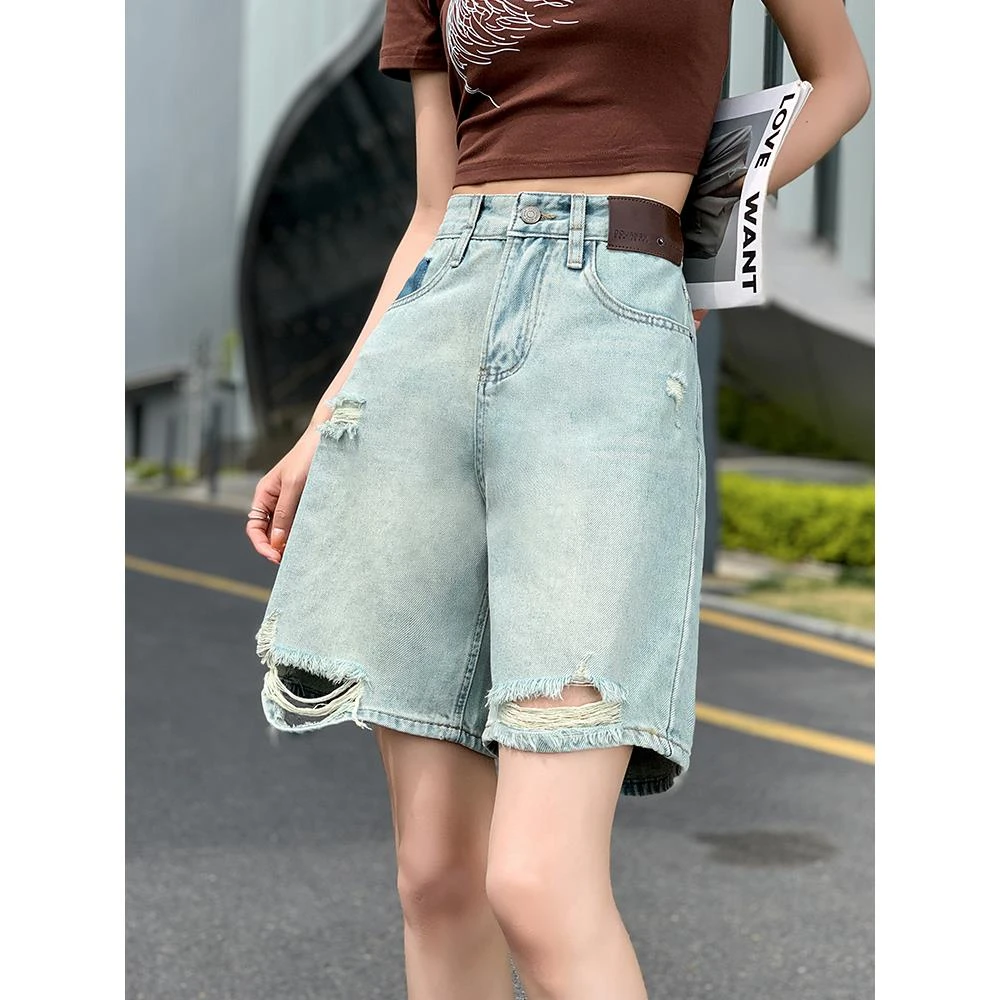 高腰破洞牛仔短裤女夏季薄款2025年新款休闲显瘦宽松阔腿五分裤子
